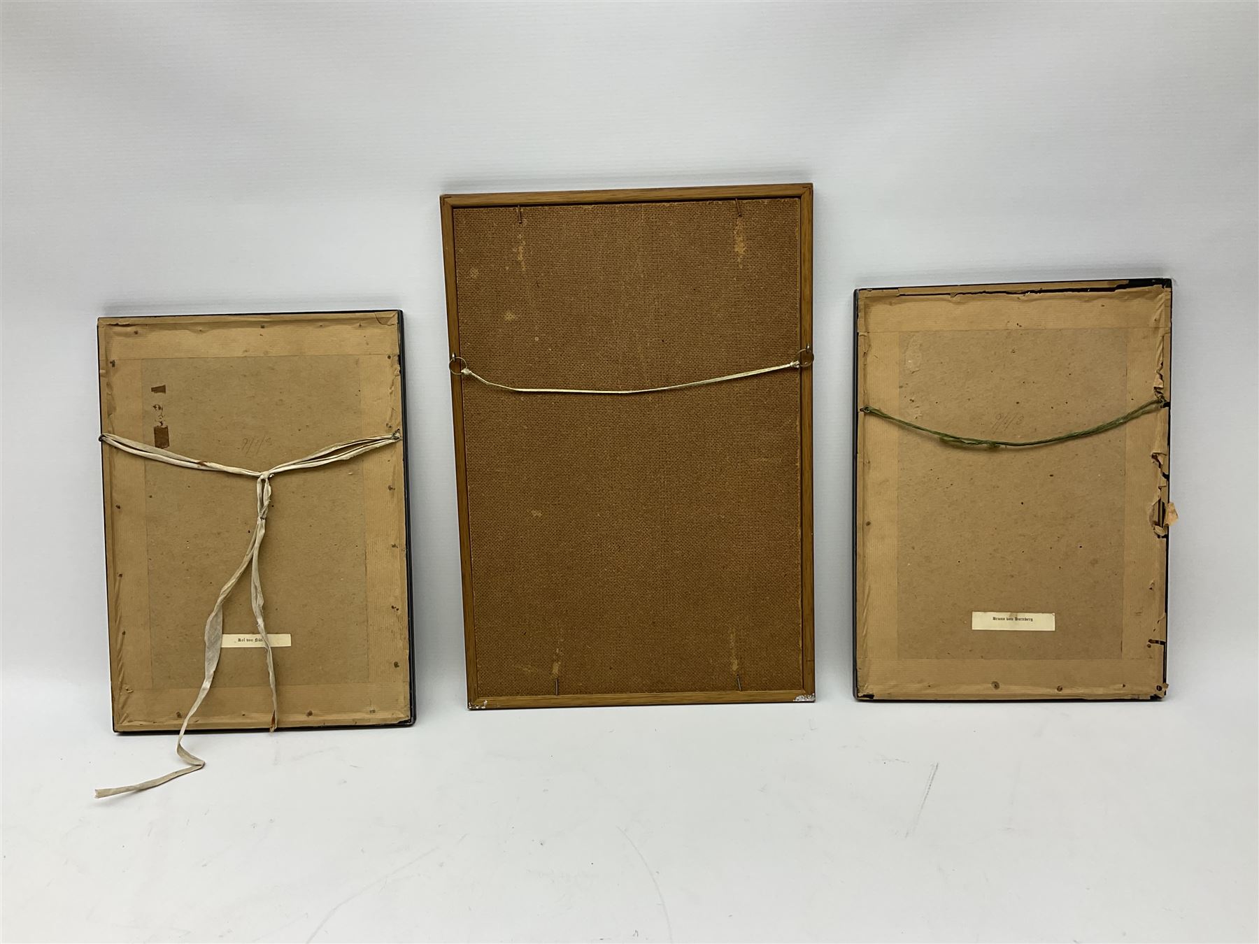 German School (14th century): 'Bruno von Hornberg' and 'Kol von Nüssen', pair prints of illuminated portraits from the 'Codex Manesse' together with print of 17th century Church writing