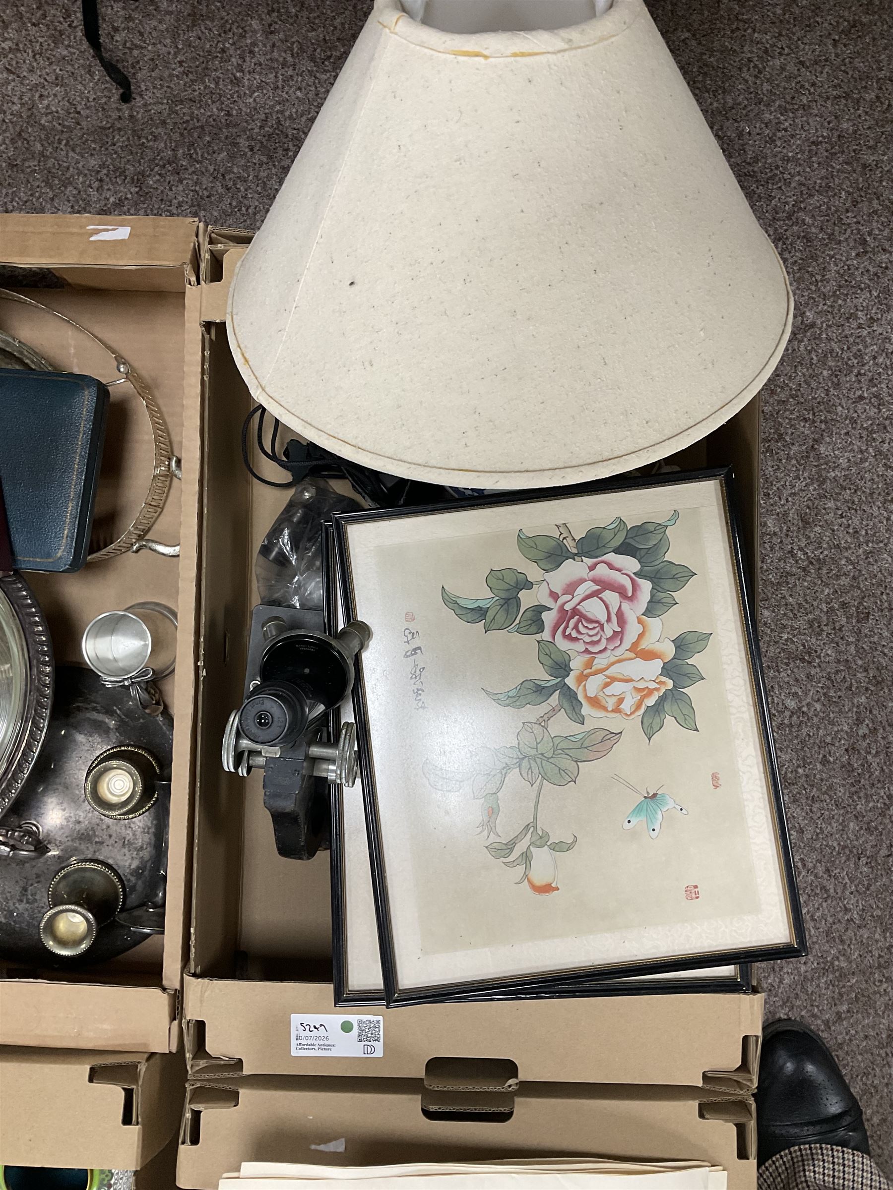 Collection of decorative items, to include two Cloisonne ginger jars, two 20th Century Chinese silk paintings and East Asian ceramic tableware items, in four boxes