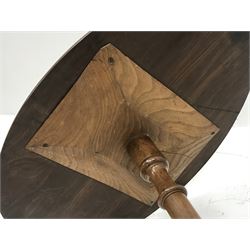 *19th century tripod table, oval figured mahogany top, turned yew wood vase shaped column, three out splayed walnut supports, 60cm x 42cm, H78cm