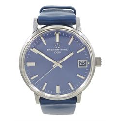 Eterna Matic 1000 gentleman's stainless steel automatic wristwatch, blue dial with baton hour markers and date aperture, on original blue leather strap, with original buckle, boxed