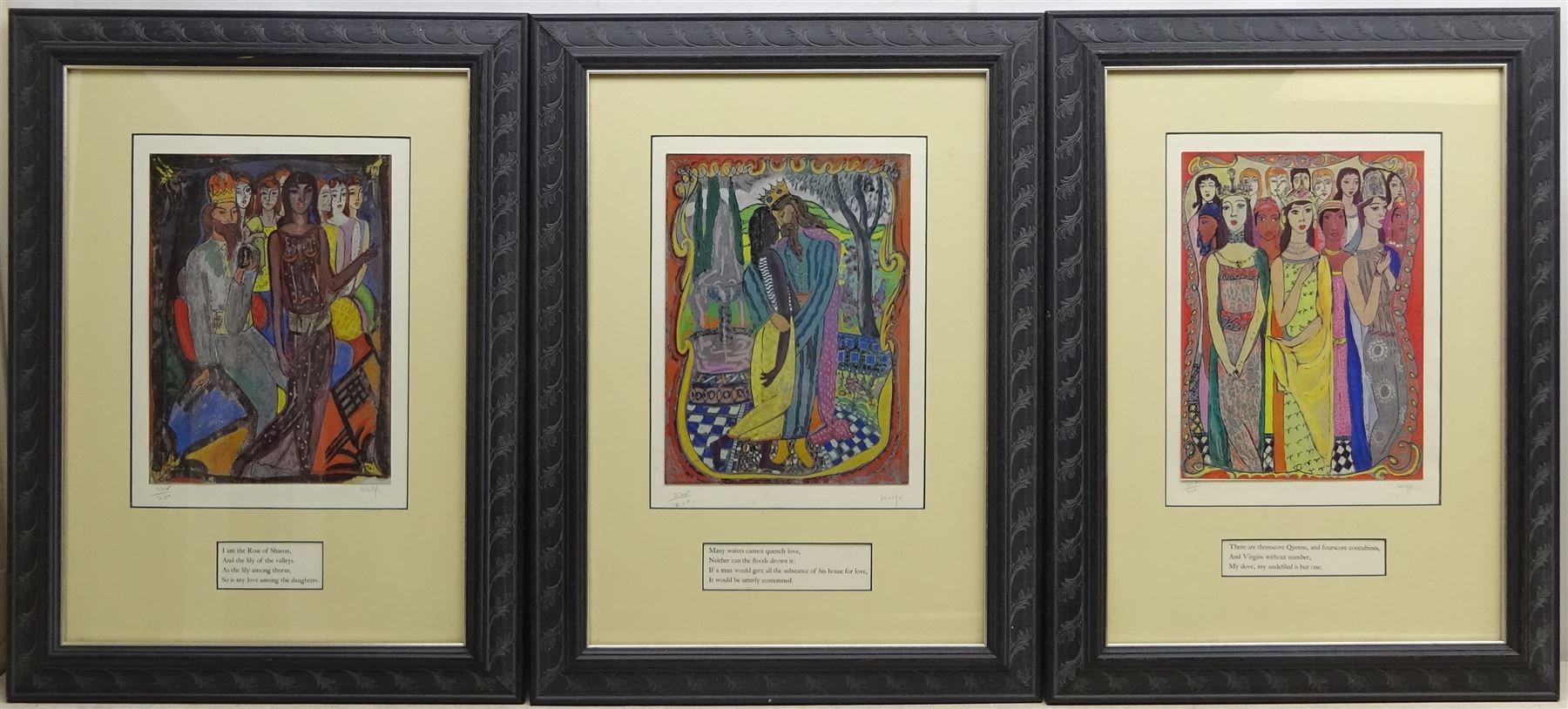 Edward Harris Wolfe (South African 1897-1981): 'Song of Songs', set of 12 limited edition offset lithographs on aluminium lined paper in four colours, each signed and numbered 228/250 in pencil on the mount 36cm x 26cm (image size) framed with original text 