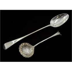 George III silver basting spoon, bright cut feather edging by Richard Crossley, London 1790 and a George III silver sauce ladle with scalloped shell bowl by James Tookey, London 1760, approx 4.7oz (2)