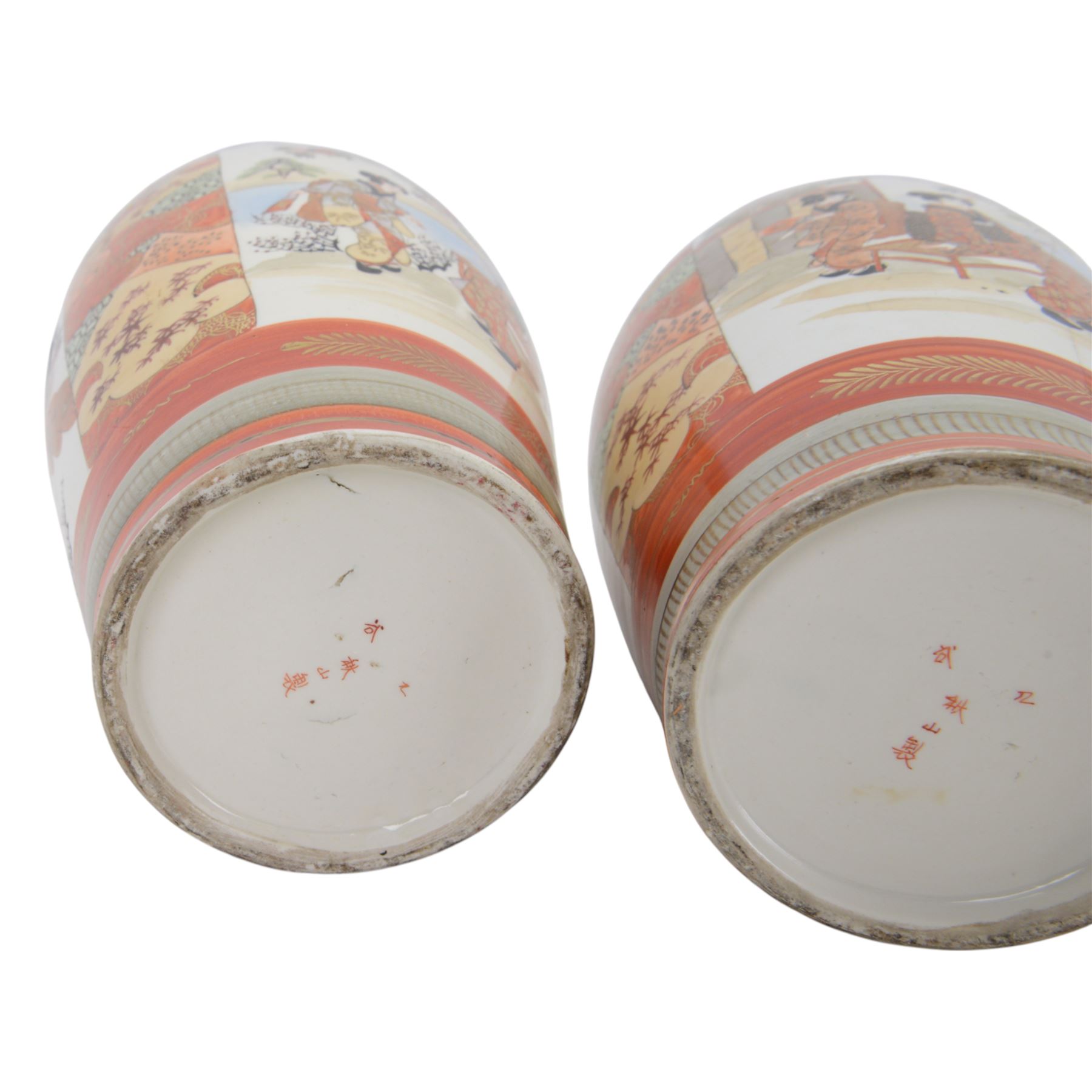 Pair of Japanese Katani vases, of baluster form decorated  with two panels depict a figures in a garden and peacocks amongst flowers, the rim with decorated borders including scrolls, flowers and Greek key design, with character marks beneath H36cm