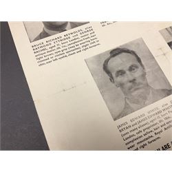 Great Train Robbery; Metropolitan Police printed poster, 'The Assistance of the public is sought to trace the whereabouts of the after described persons .....', printed by Wavell Press Ltd, 1963
Provenance by vendor repute: The poster was given to the vendor in 1985 by a colleague who was previously a detective sergeant of the Metropolitan Police, who had as a junior officer and worked on the case  of the Great Train Robbery. The hand written dates they were written on the poster when they were arrested   