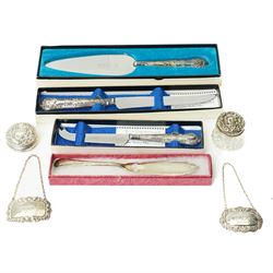 Silver fish knife, Sheffield 1915, two silver decanter labels, Whisky and Sherry, small si...