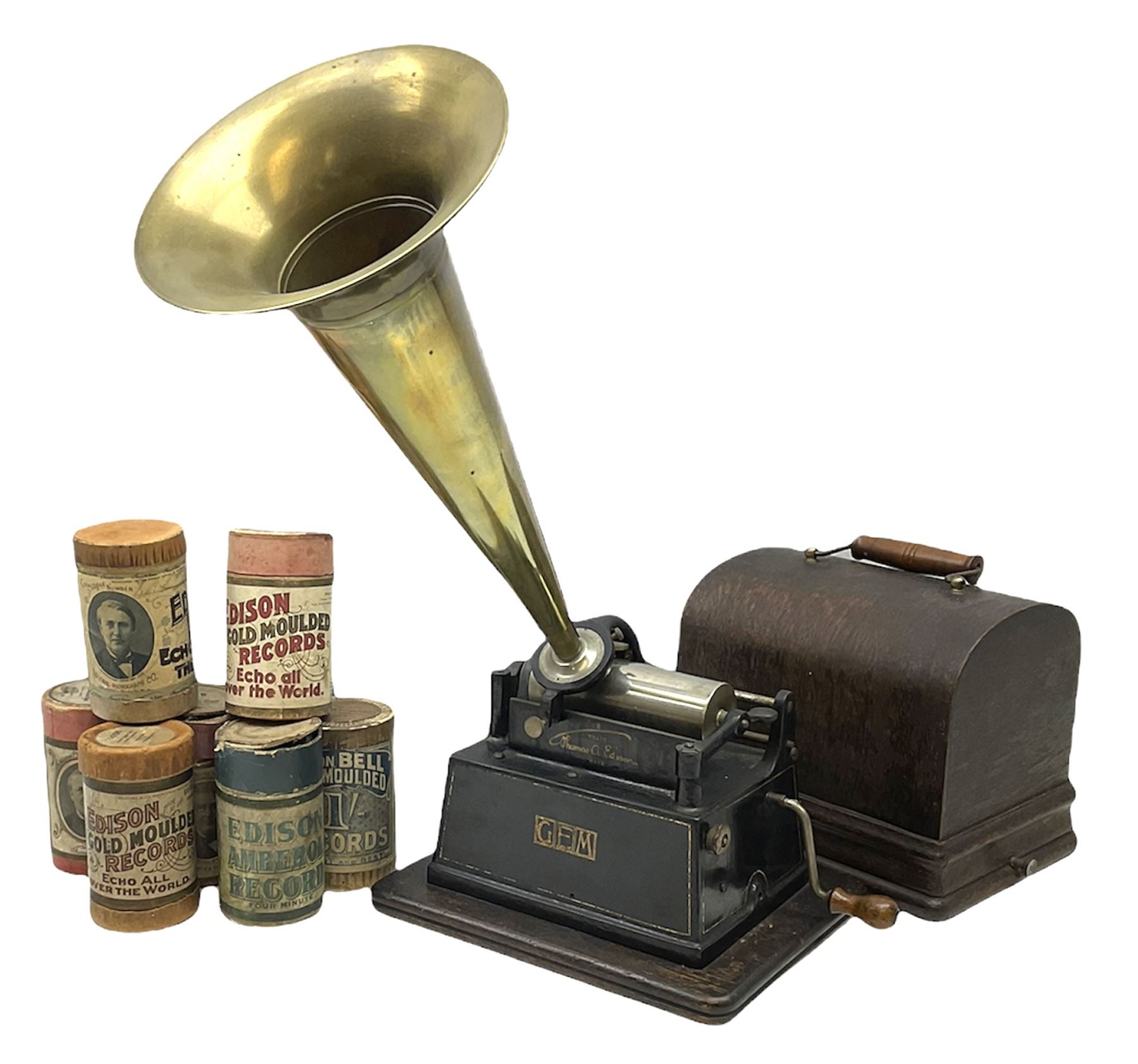 Edison Gem wind up phonograph, serial number 255655, with horn and eight cylinders, H21cm