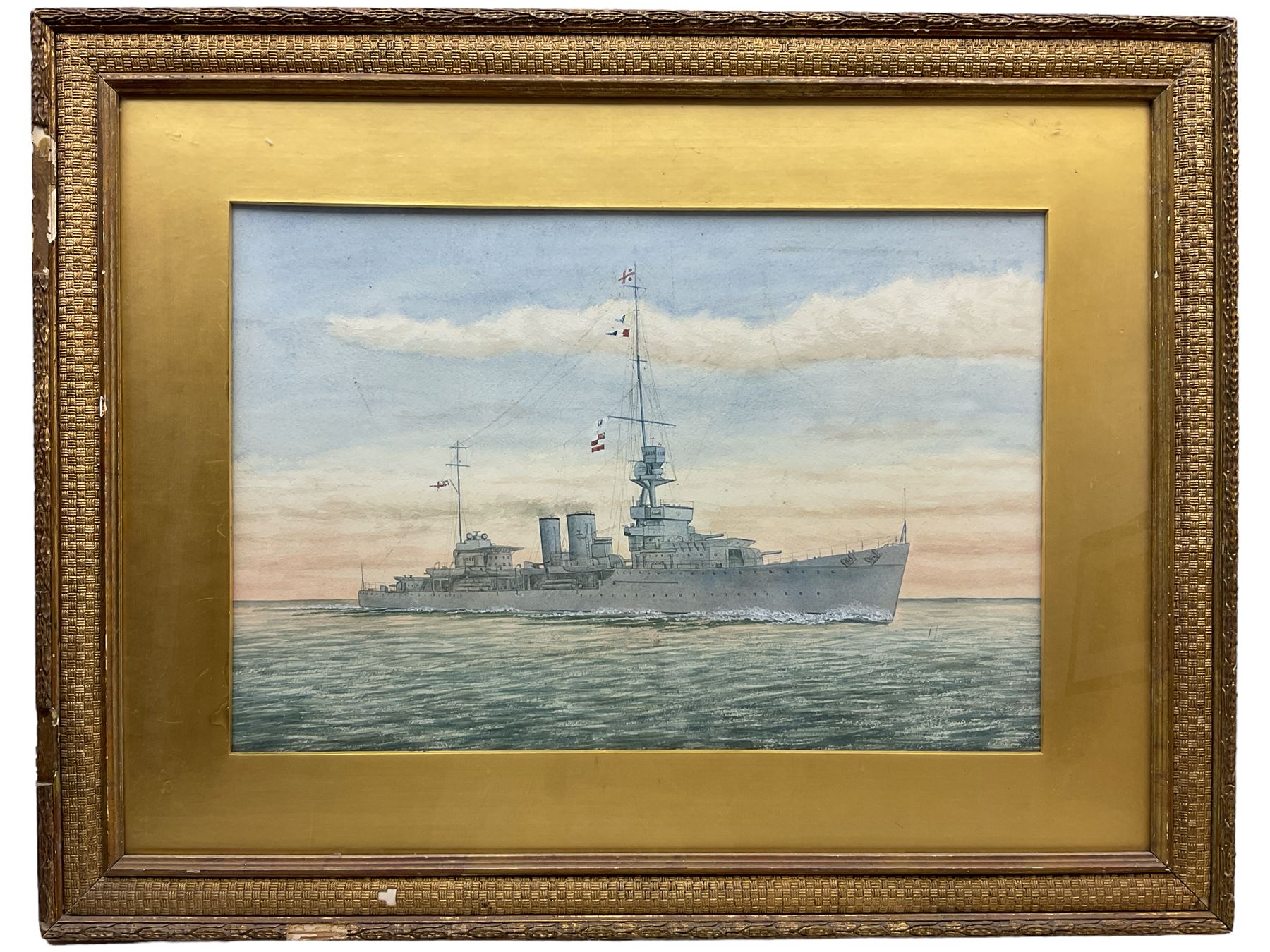 LJ Lake (British Early 20th century): 'HMS Delhi Cruiser', watercolour signed and dated 1924, labelled verso 35cm x 53cm