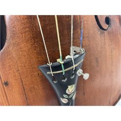19th century full sized violin in a later hard case, decorative mother of pearl inlay to the tail piece Overall length 60cm No bow
