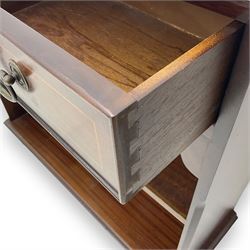 Early 20th century inlaid mahogany open bookcase, rectangular top with boxwood stringing and moulded edge over two short drawers, two open shelves below, on shaped bracket supports