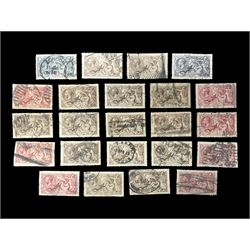  Great Britain King George V seahorse stamps, comprising fourteen half crown, seven five shillings and two ten shillings, all used, all previously mounted