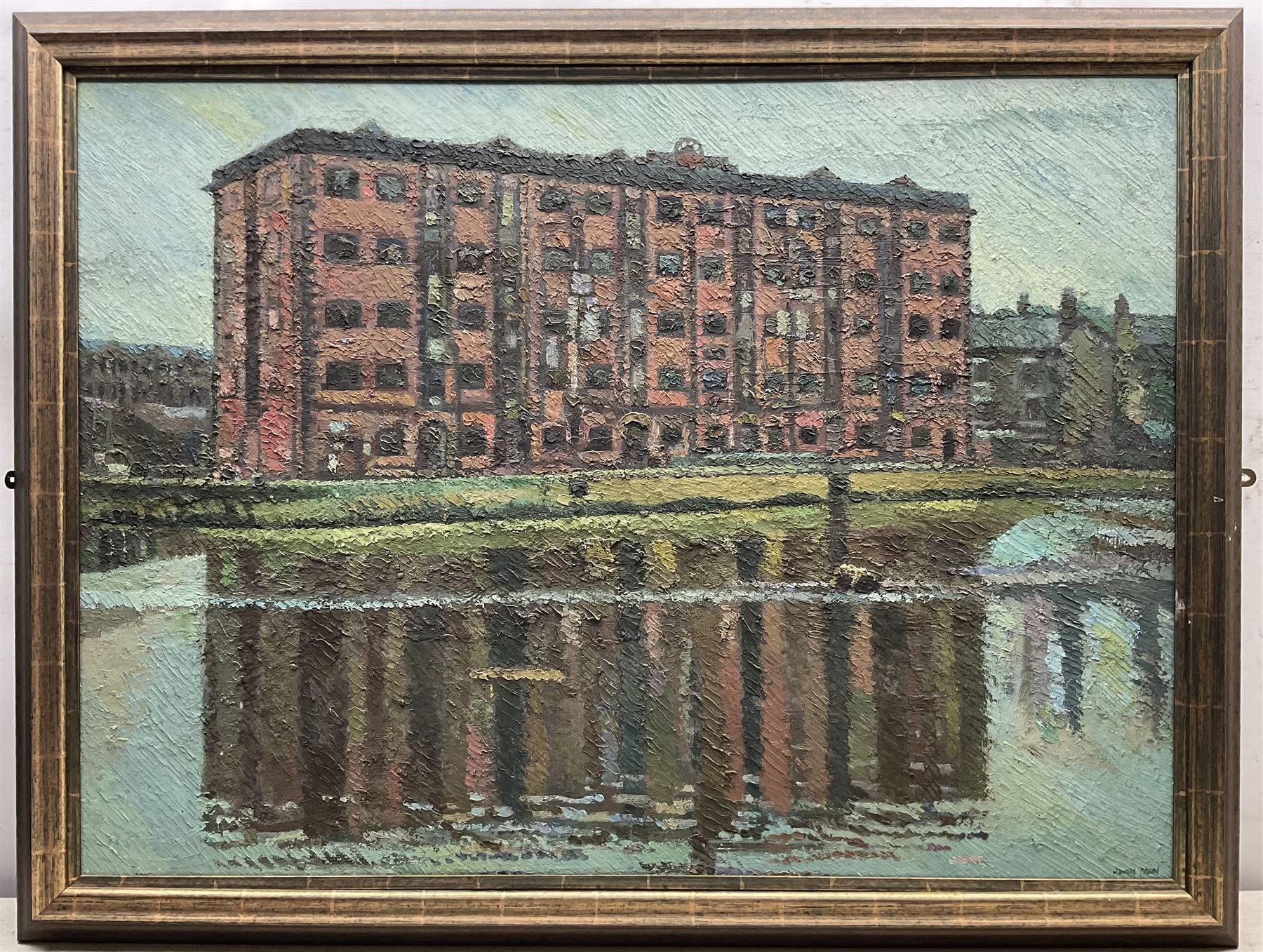 James Neal (Northern British 1918-2011): 'No. 7 (Second Version)' - Warehouses, oil on board signed, titled on label verso  68cm x 73cm 
Provenance: from The Bell Hotel, Driffield