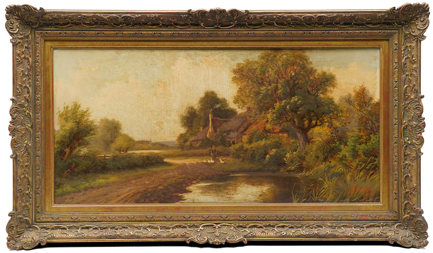 R Jenson (British late 19th/early 20th Century): Woman Feeding Ducks by a Countryside Lake, oil on wood panel signed and dated 1903, 33cm x 69cm 
