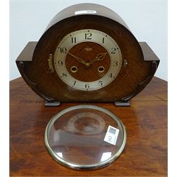  Mid-century Smiths walnut and maple mantel clock, angular case with three train movement quarter hour Westminster chiming on rods, a Smiths oak cased mantel clock and an inlaid mahogany case mantel clock, both with twin train movements, H23cm max (3)  