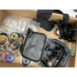 Fishing tackle including  line, Shimano Britrunner Aero reel, Shakespeare Pro-Am 2004-150 reel,  Shakespeare Dynamic reel,  rods, rod bags etc