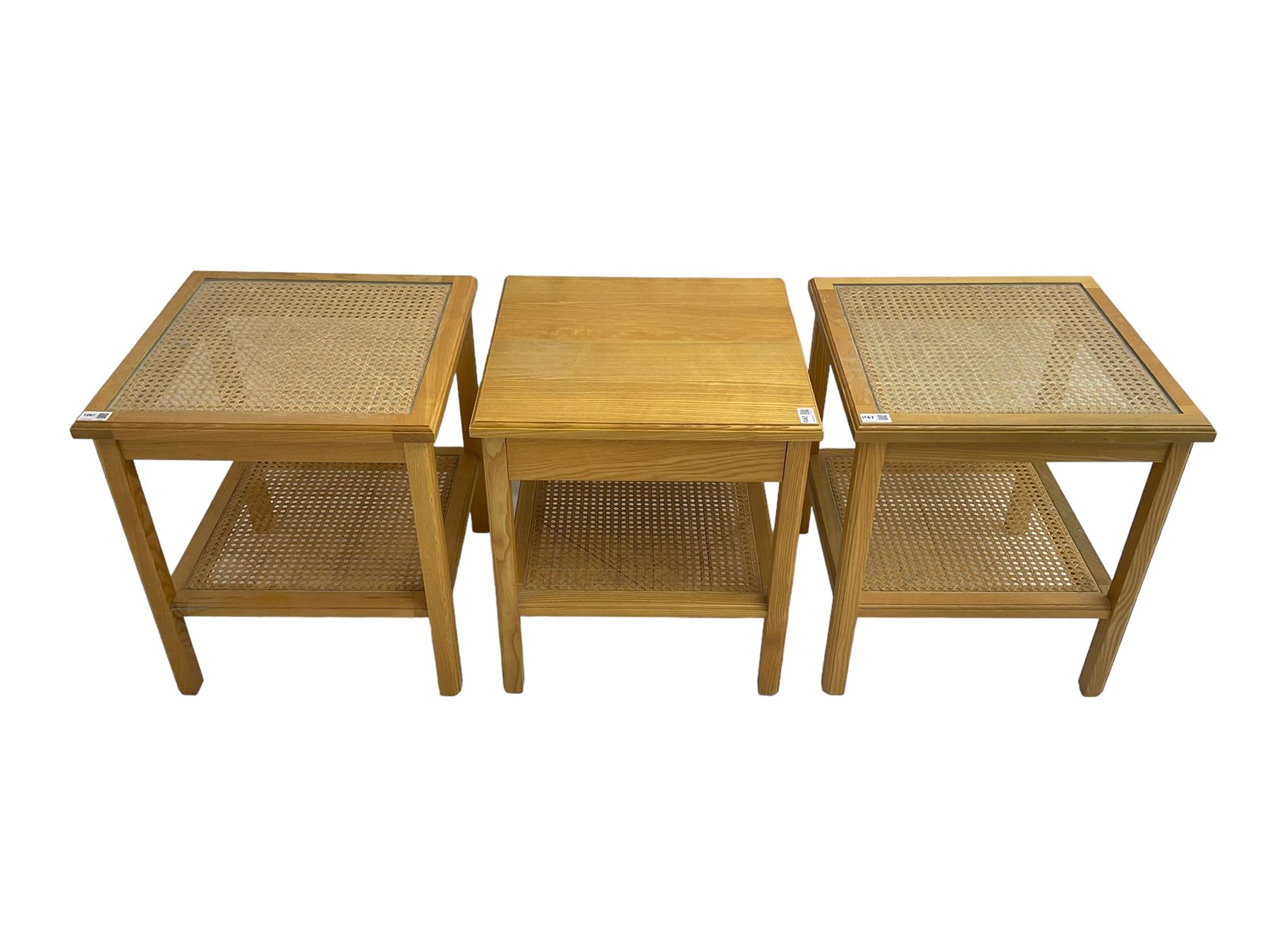 Pair beech bedside tables, square top with canework inset and cane under-tier, together with another similar 