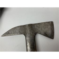 Post-War military type fireman's axe impressed 'PERKS 1953/54' with additional indistinct mark probably WD arrow, ash handle L39cm; and another stonemason's(?) double headed axe with mallet shaped shaft (2)