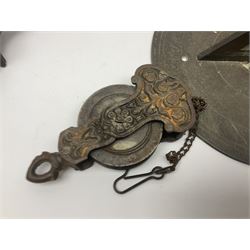 Two 19th century copper tankards, one with weighted wooden base, together with copper and wooden mechanical bellows, sundial and other metalware 