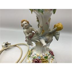 Italian ceramic lamp base with applied florals and cherubs, together with a cream lampshade, without lampshade H39.5cm