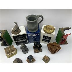 Terry Pratchett Discworld figures, comprising Roderick the hippo, DWE2, a 1995 event piece, Rincewind bookend, DW11, Death bookend, DW12, Librarians wizard knob, boxed, DW55, the luggage, boxed, DW04, tankard from the mended drum, DW21, Teppic the assassin, DW32, Greebo, DW45, Herne the hunted, DW64, Gaspode,  DW31, Quoth on skull, DW49 and Dibbler's compass DW16. 