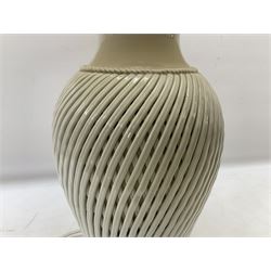 Cream table lamp of baluster form with lattice work body, with a pleated fabric lampshade, lamp without shade H50cm