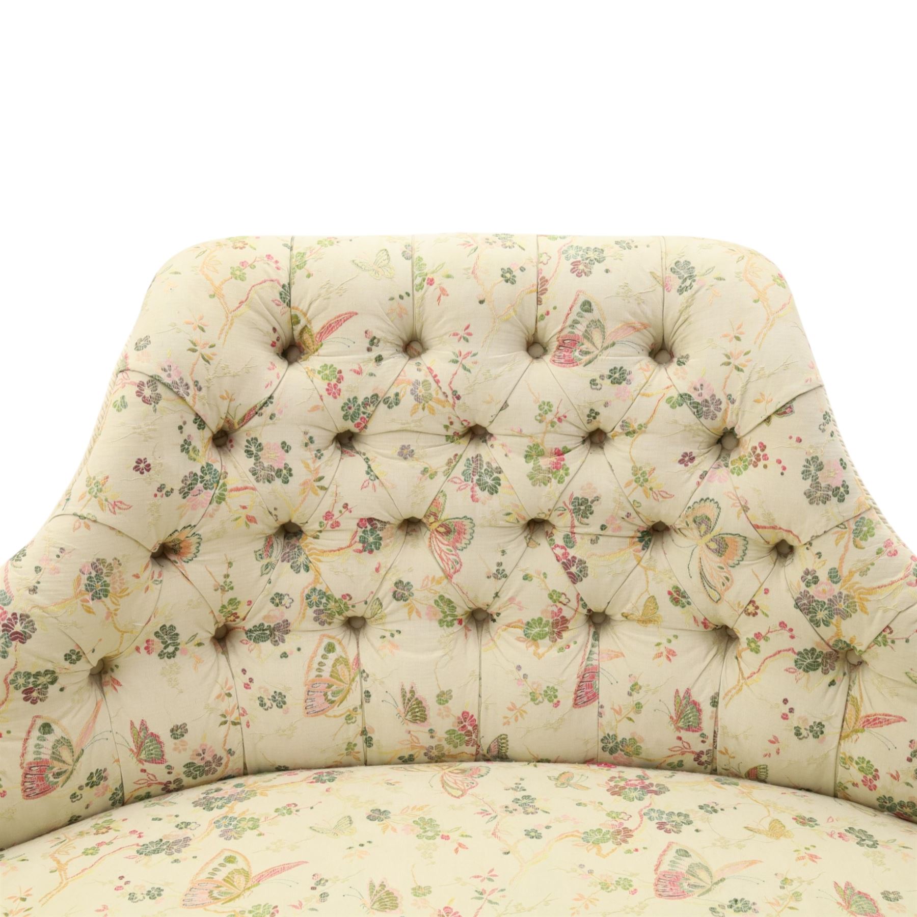 Victorian mahogany frame parlour settee, in back-buttoned floral and butterfly patterned fabric
