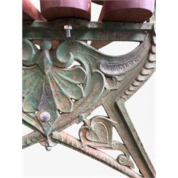 Coalbrookdale - Lily Pad design cast iron an wood slatted garden bench, late 19th century Aesthetic Movement, no. 217569, distressed green paint, iron centre support and seat stretcher, hardwood slatted