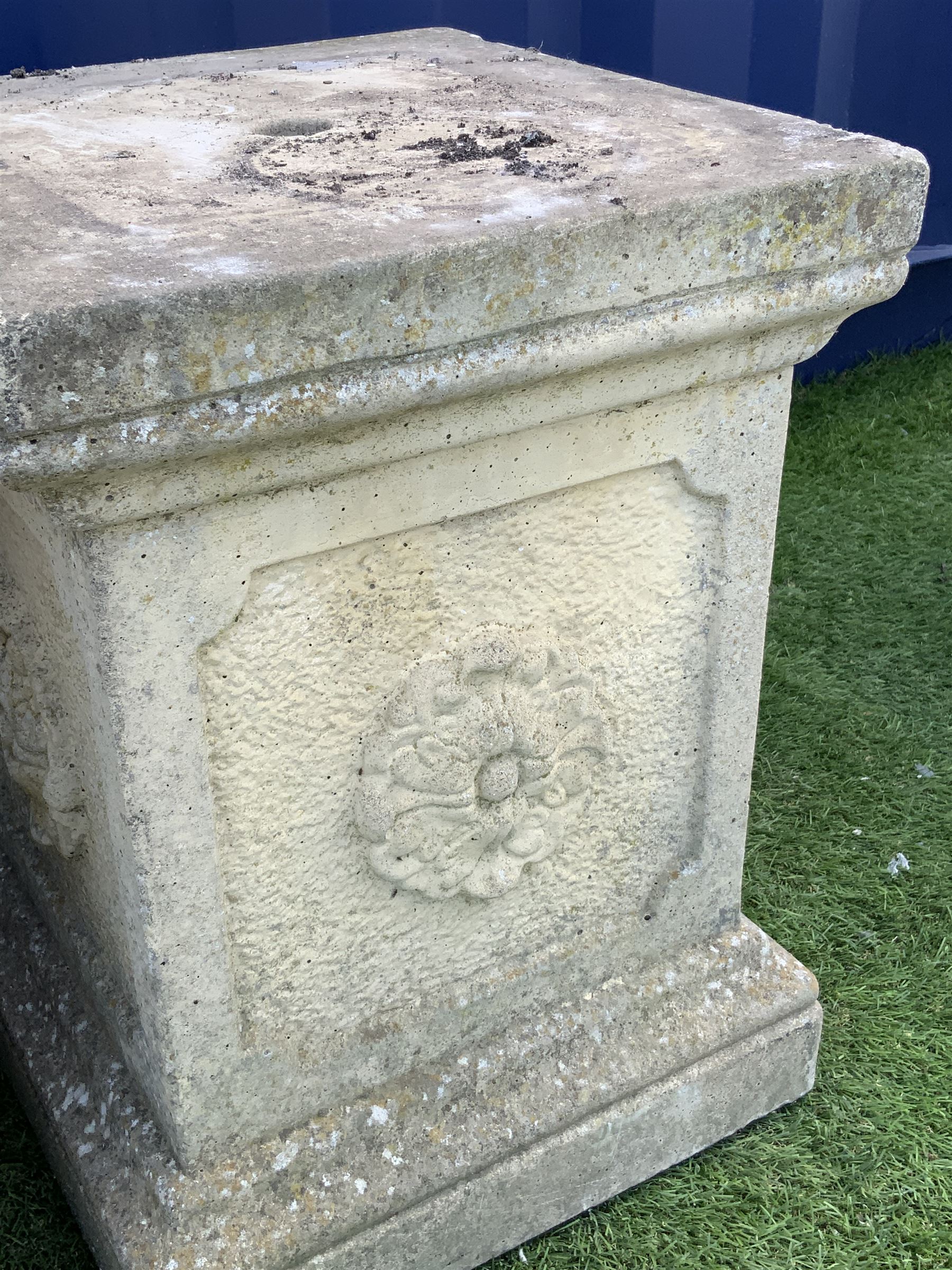 Pair composite stone garden plinths, square form with top and lower mould, each side set with flower head - THIS LOT IS TO BE COLLECTED BY APPOINTMENT FROM DUGGLEBY STORAGE, GREAT HILL, EASTFIELD, SCARBOROUGH, YO11 3TX