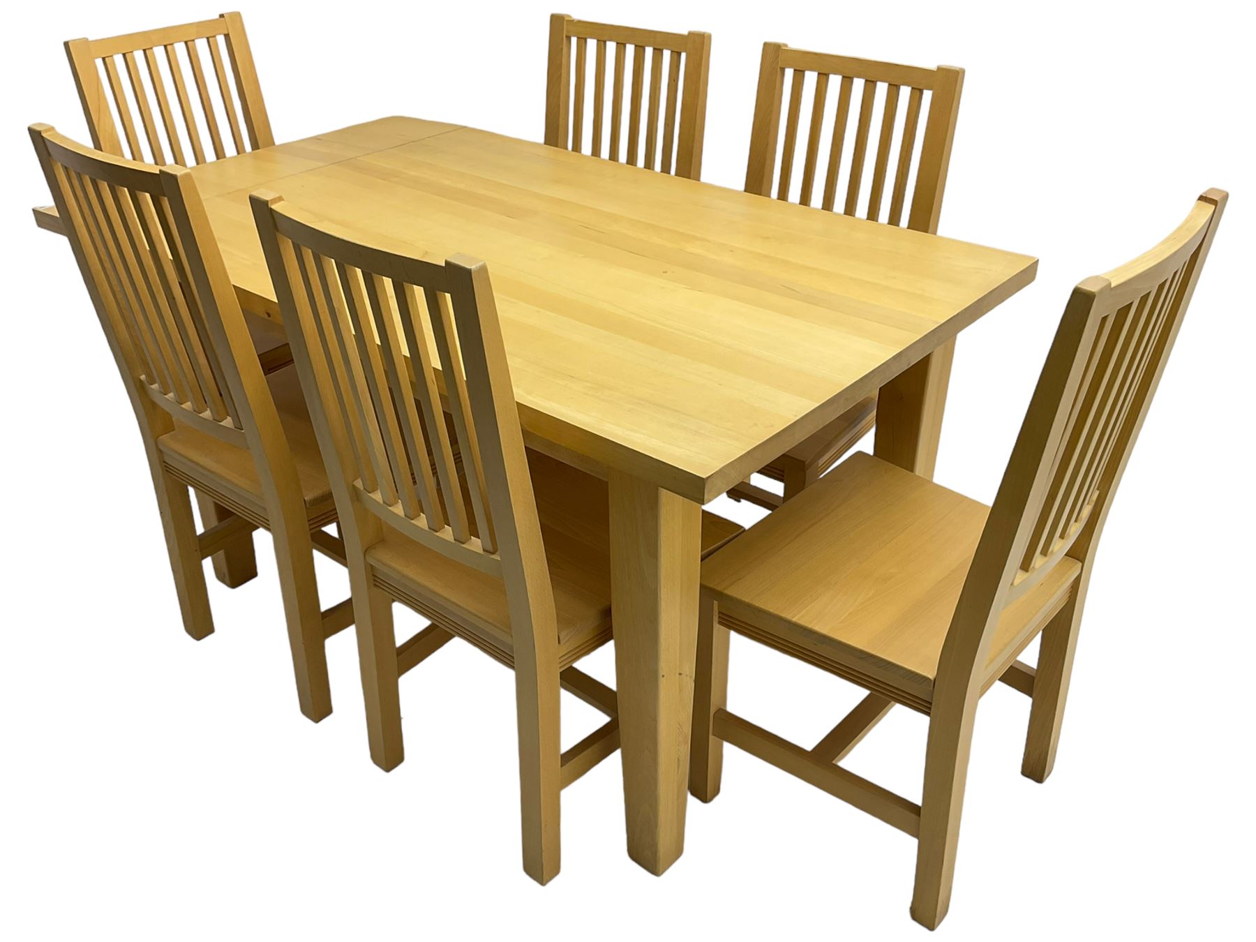Solid beech rectangular dining table (89cm x 135cm - 160cm, H77cm); together with a set of five beech dining chairs