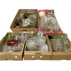 Large collection of glassware, to include uranium vase, cranberry glass jug, ship decanter, jelly moulds, jugs etc, in six boxes   