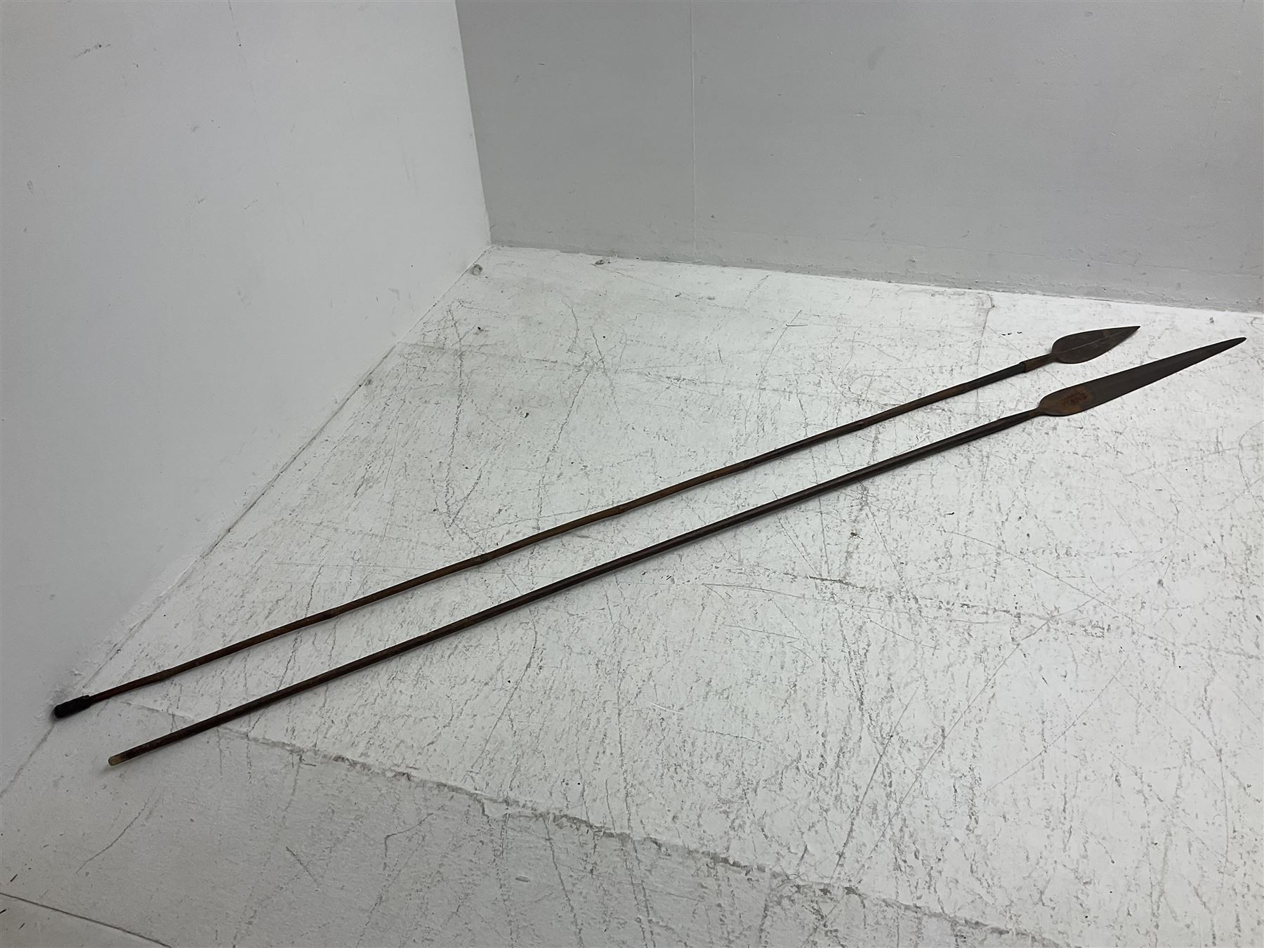 Native long-shafted spear, the large iron head with central medial ridge and decorative neck, on plain circular haft L260cm; and another similar Native long-shafted spear with cane haft L249cm (2)
