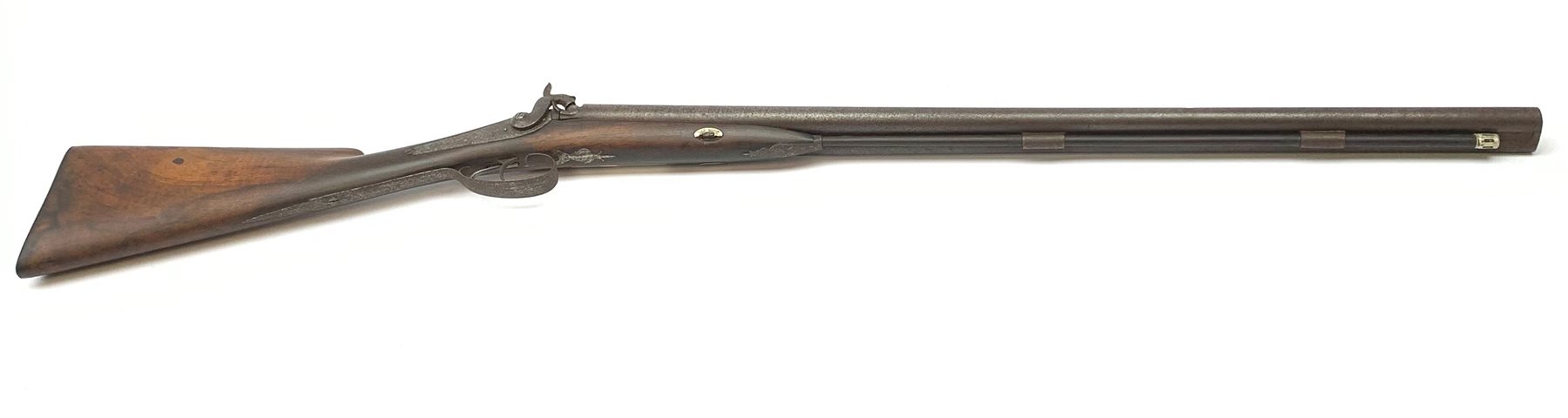 19th century 16-bore muzzle loading, percussion cap, side-by-side double barrel shotgun, with walnut stock, chased action with indistinct makers name and 74cm damascus barrels with under barrel ramrod L116cm overall