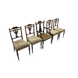 Set four Edwardian rosewood chairs, inlaid with stylised foliate decoration, upholstered seat on turned front supports; and a similar period carved armchair (5)