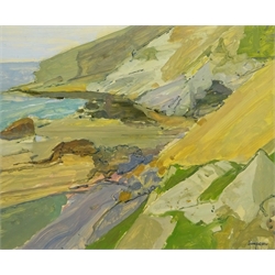 Ian Simpson (British mid 20th century): 'Landscape Tregardock' North Cornwall, oil on board signed, titled verso 49cm x 59cm