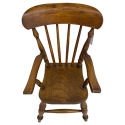 19th century elm and beech child's farmhouse chair, shaped cresting rail over stick back, on turned supports 