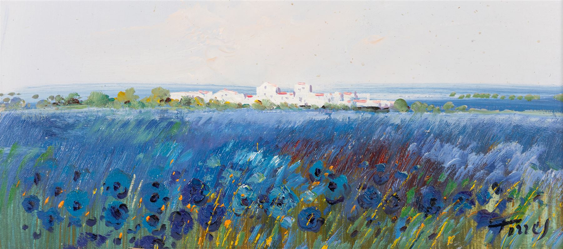 Miguel Torres (Spanish 1948-): Field of Sunflowers and Field of Blue Flowers, two oils on canvas signed 20.5cm x 20.5cm and 12.5cm x 28cm (2)