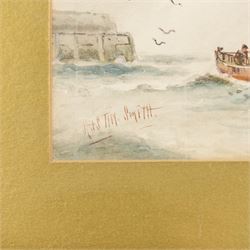 Austin Smith (British fl.1913-1928): Sailboats off Scarborough, pair of watercolours signed; together with Alfred Durham (British 19th century): Coastal Views of Scarborough, set of three watercolours heightened with white signed and one dated 1907 max 18cm x 32cm (5)
