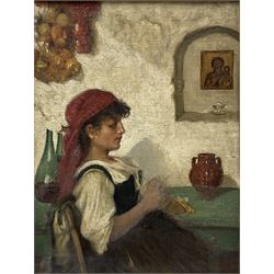 Italian School (19th century): Girl Sewing, oil on canvas board indistinctly signed with monogram and dated 'Capri '79', 31cm x 23.5cm