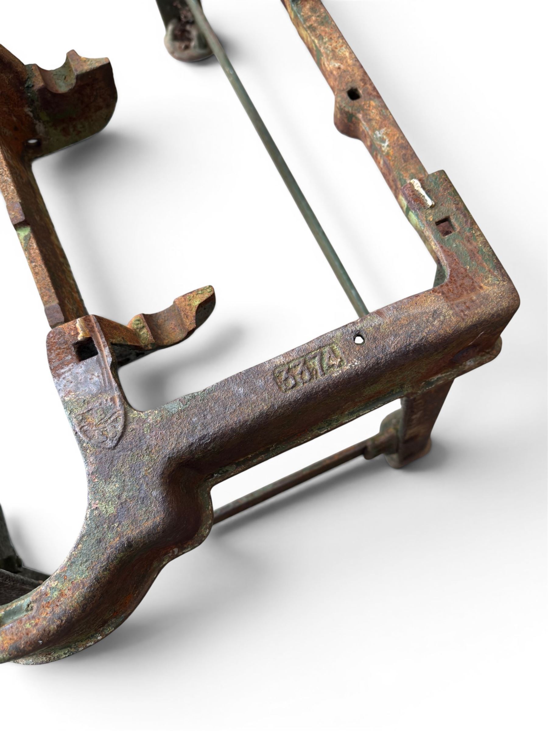 19th century heavy cast iron garden / machine table base, by Henry Bamford & Sons, with plaque, no. 3374, part of the JCB family