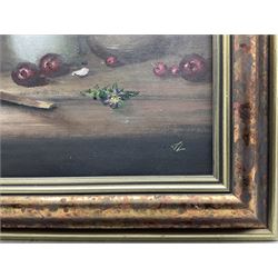 Judith Levin (British 1956-): Plums and Wilting Flowers, oil on board signed with initials 50cm x 40cm 