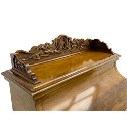 Fine and unusual 19th century olivewood piano top davenport, raised shaped back carved with olive branches and olives, the top hinges to reveal lidded and correspondence compartments, the piano lid enclosing sliding top with hinged and adjustable writing surface with leather inset, right-hand panelled door enclosing four drawers, olive branch and scroll carved cabriole front supports on moulded and shaped platform, turned cup feet with recessed castors 