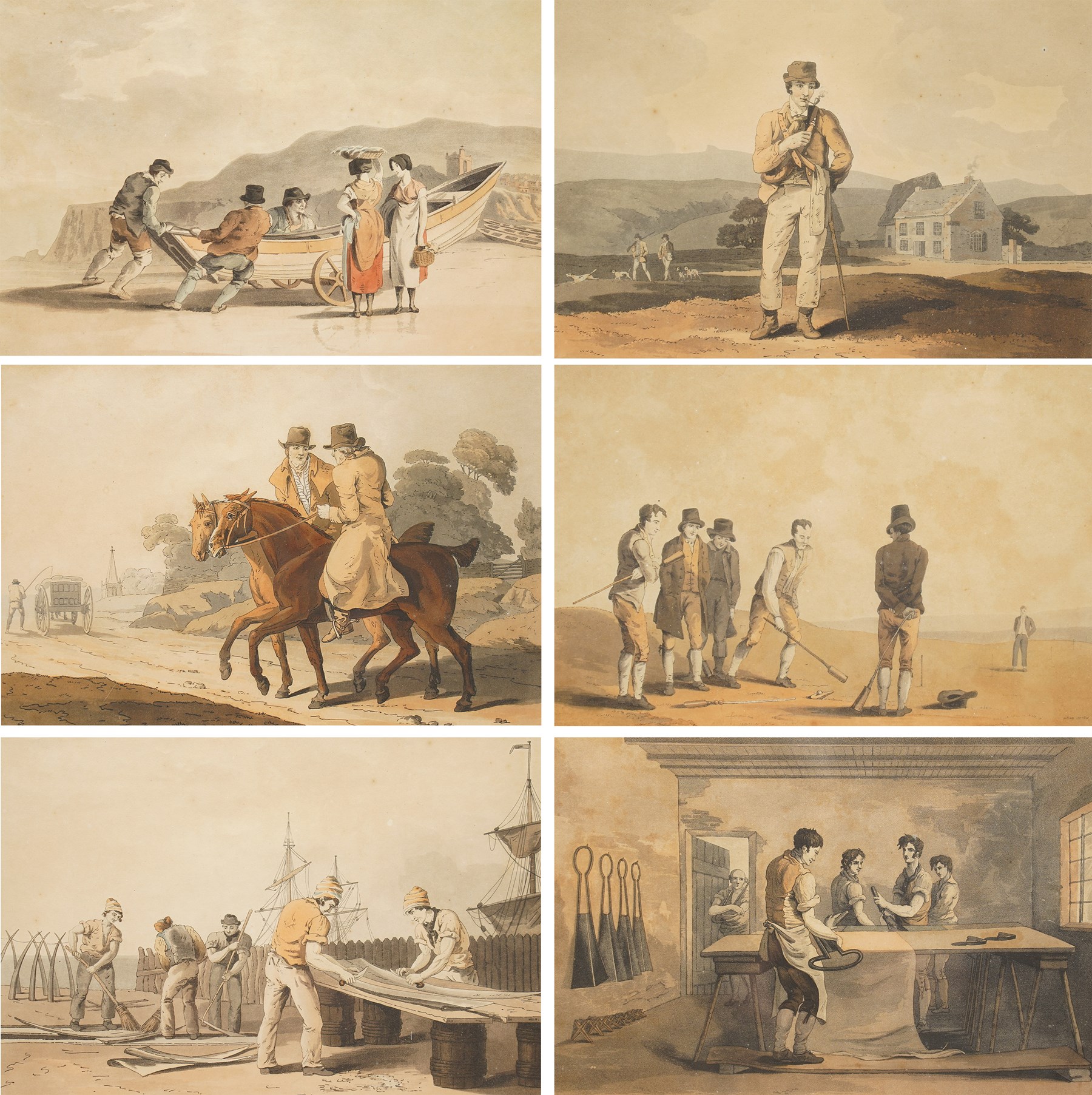 Robert Havell Sr. (British 1769-1832) after George Walker (British 1781-1856): Illustrations from The Costume of Yorkshire - 'Whalebone Scrapers' 'Fishermen' 'Farmers' 'The Cloth Dressers' 'Nor and Spell' and 'Moor Guide, six hand-coloured engravings 19.5cm x 29.5cm (6)