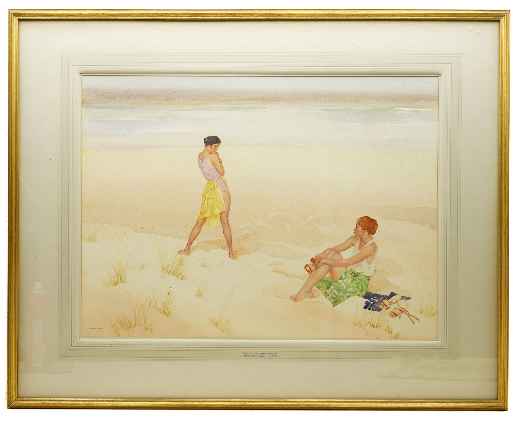 Sir William Russell Flint (Scottish 1880-1969): 'The Interrupted Reader', watercolour signed, titled and dated 1937 by the artist's hand on Fine Art Society label verso 50cm x 67cm