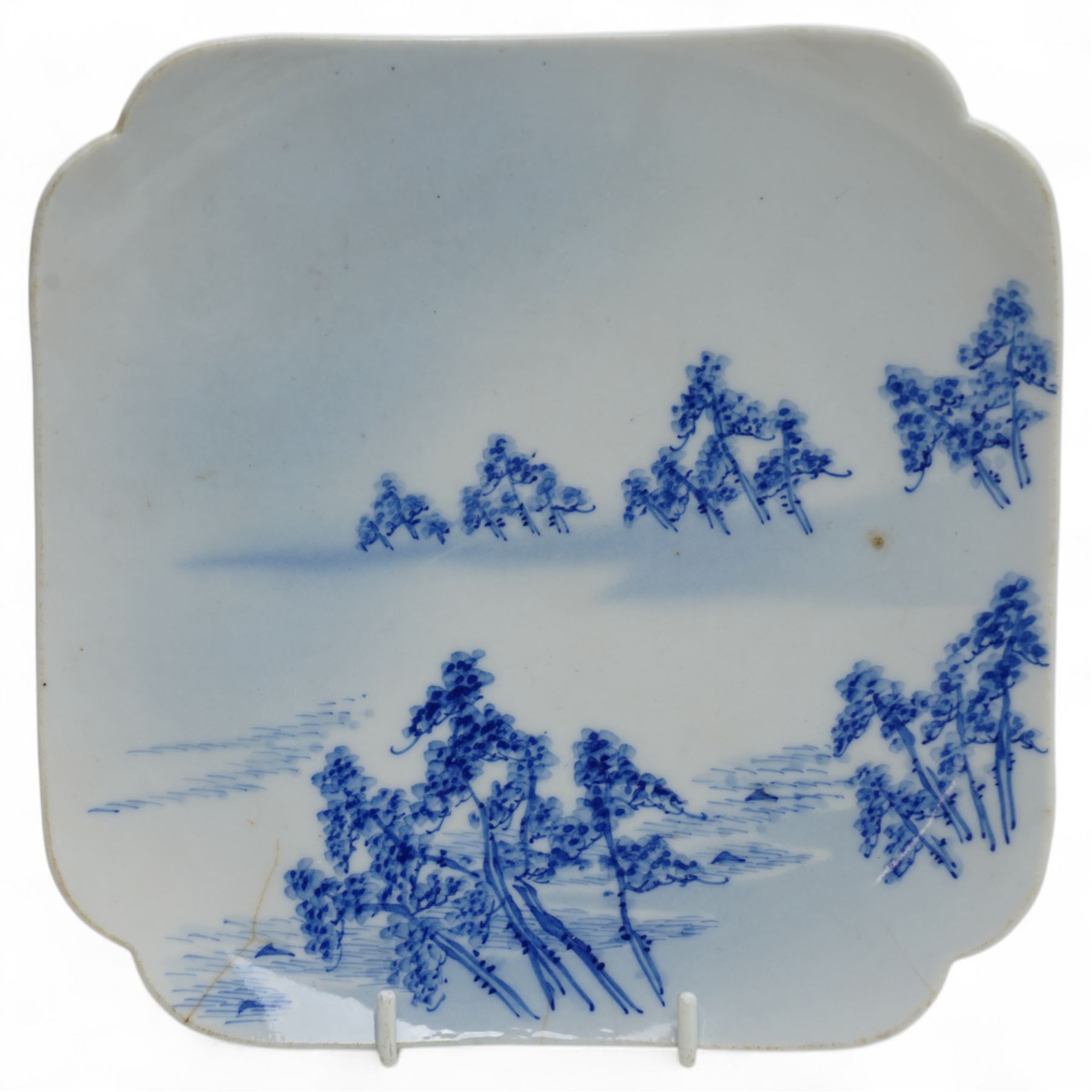 Japanese Edo period hexagonal dish with gilt decoration, Japanese porcelain to include a Seto blue and white dish, of square lobed form, four character mark to base, W18cm, Meiji Fukagawa Koransha imari circular dish on three ball feet, orchid mark to base D23cm, together with a matched pair of 19th century blue and white saucers, D16.5cm (4)