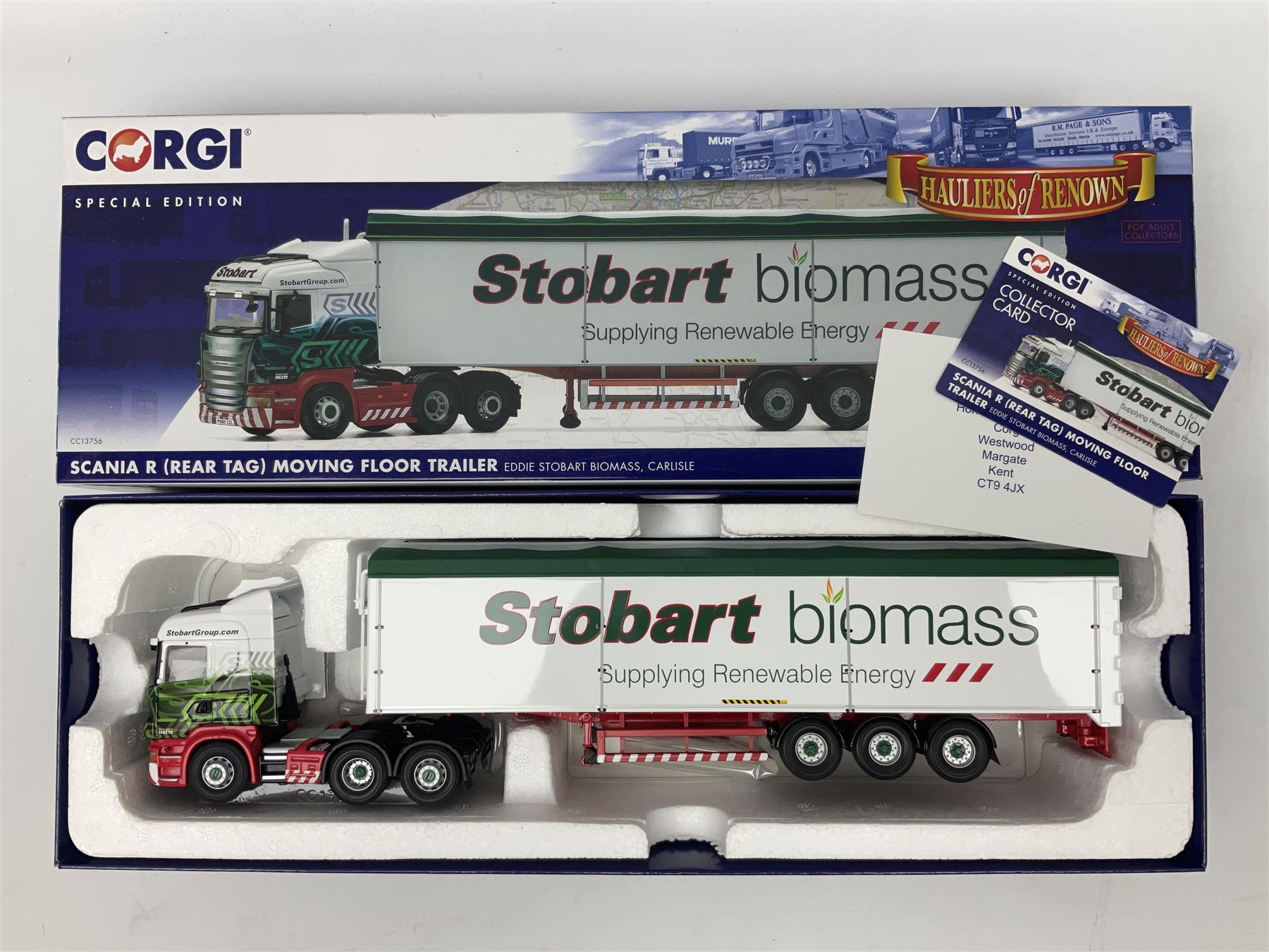 Corgi Eddie Stobart - two special edition Hauliers of Renown; CC13754 Scania R Facelift Box Step Frame Trailer and CC13756 Scania R (Rear Tag) Moving Floor Trailer; and limited edition Hauliers of Renown CC13747 Scania R (Face Lift) Super Curtainside Trailer; all boxed (3)
