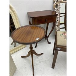 Edwardian inlaid mahogany armchair with oval seat; wine table; Rococo design white and gilt framed mirror; stool with drop-in needlework seat; occasional mahogany table with drawer; white finish bedside chest of drawers