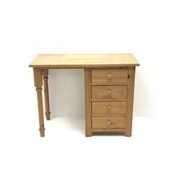 Solid pine single pedestal dressing table, four drawers, turned supports