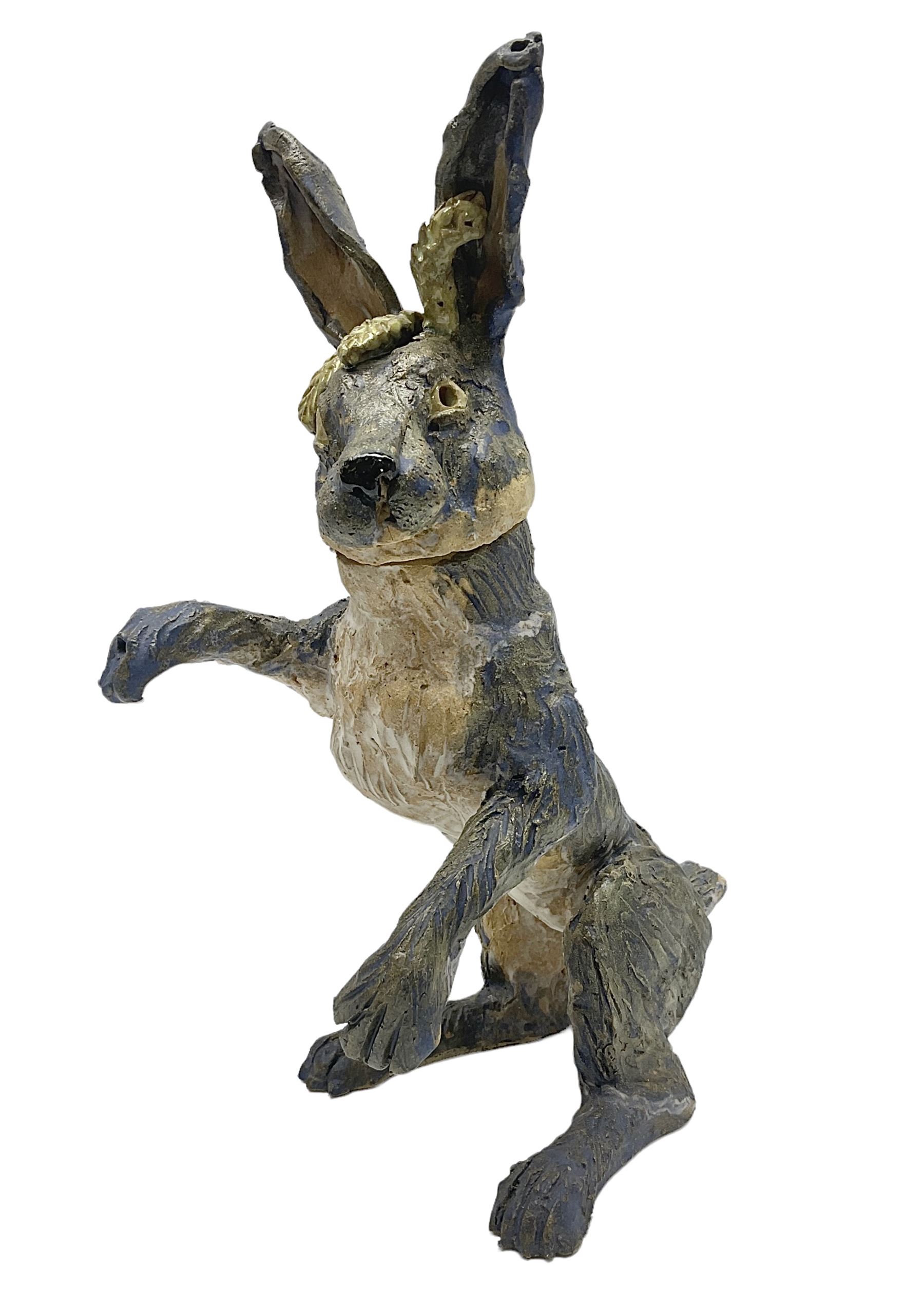 Studio pottery novelty jar and cover modelled as a hare raised upon its back legs, by Chris Attlesey, H38cm 
