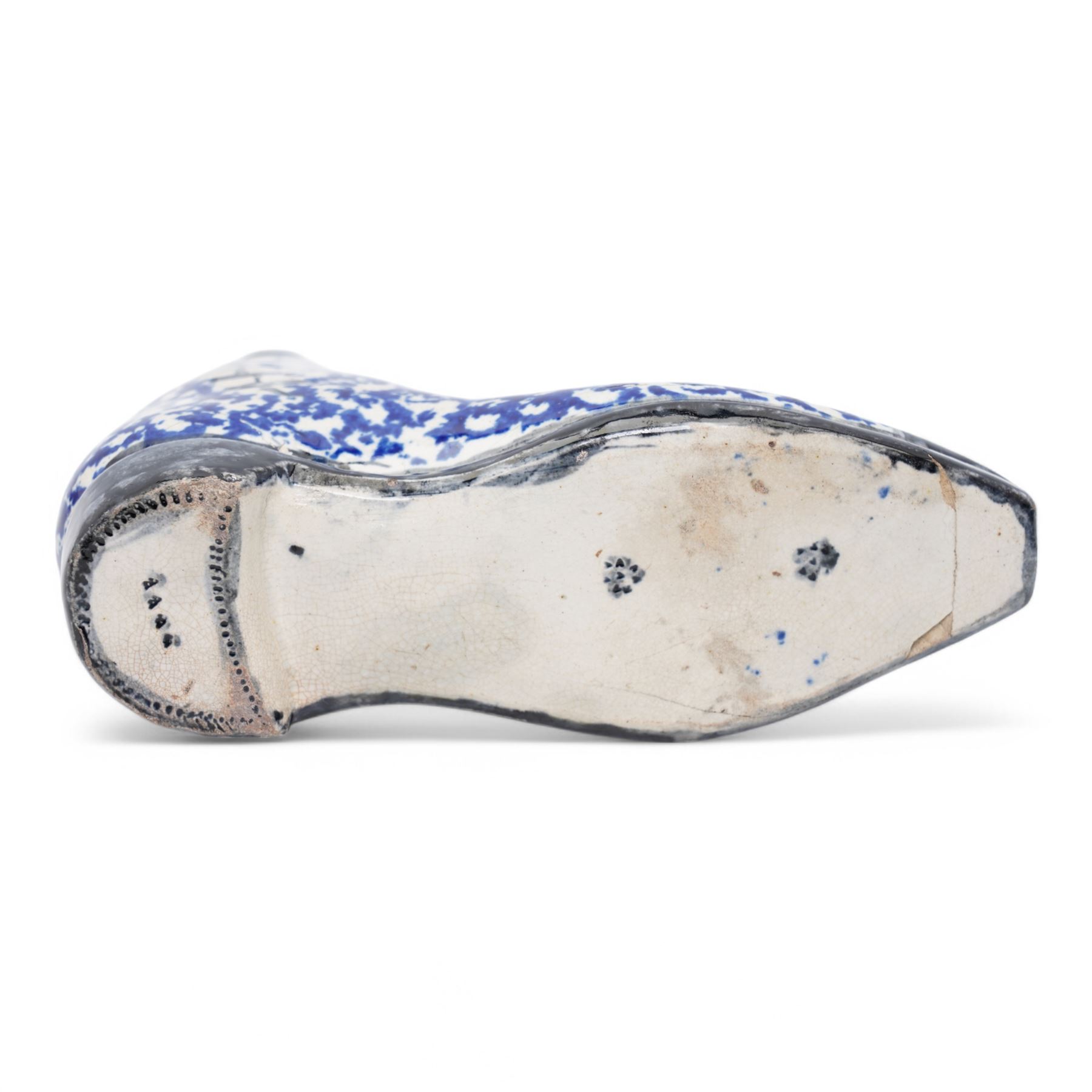 19th century Scottish pearlware flask in the form of a boot with sponged blue decoration 16cm x 19cm