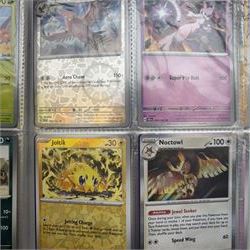 Collection of modern Pokemon TCG trading cards from the Scarlet & Violet and Sword & Shield eras, contained within in two folders, opened packets and loose, together with a graded Sword & Shield Silver Tempest Passiman TG08, GET Graded 9 Mint, two oversized cards, energy cards, vintage booklets and boxes, empty tins, 1998 Electronic Pokédex and other accessories