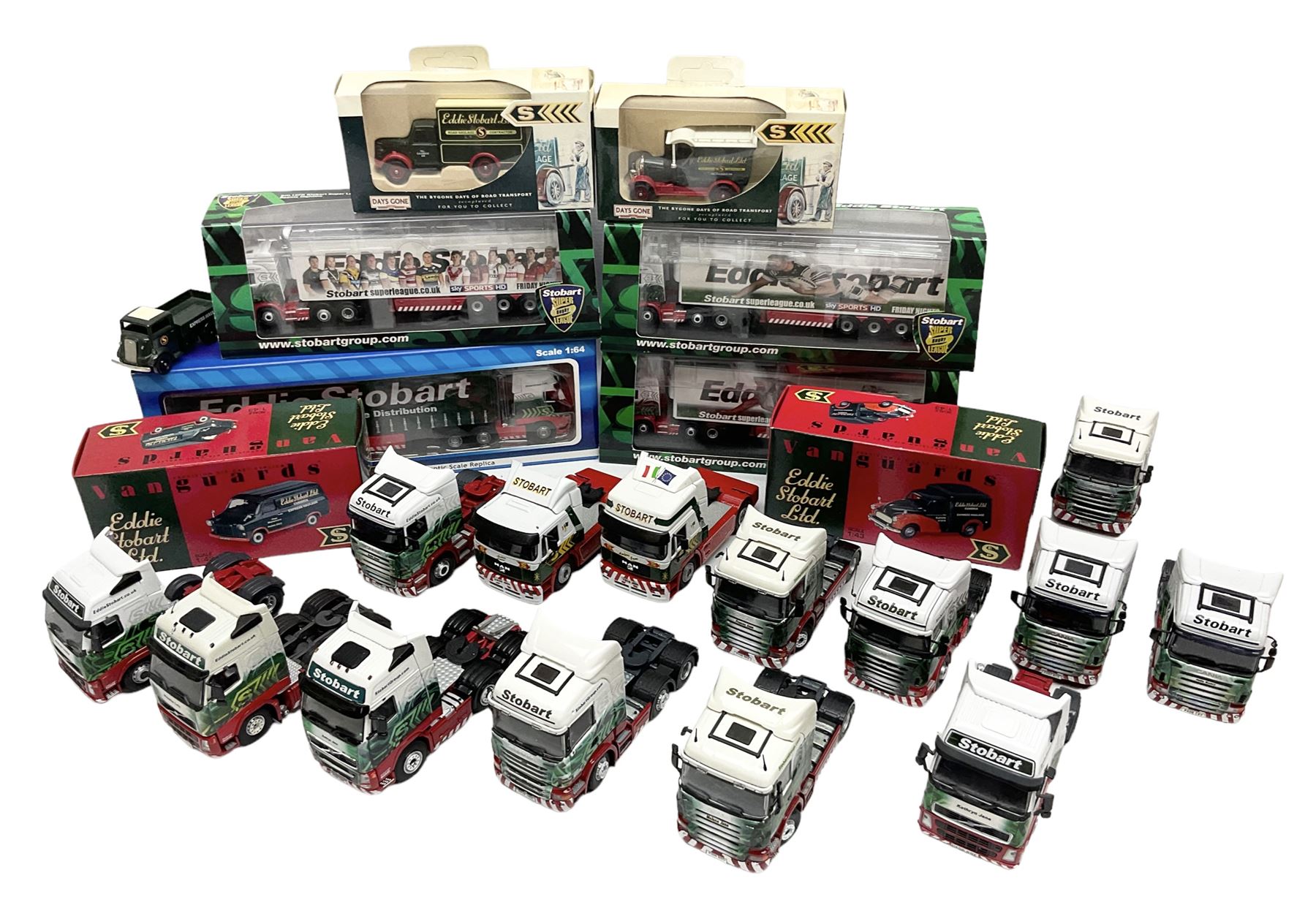 Eddie Stobart - three Oxford Die-Cast Super Rugby League lorries in perspex display cases including the two Hull Clubs; two Lledo Vanguard vans; two Days Gone vans; and Saico Truck & Trailer; all boxed; together with fourteen unboxed Corgi and other tractor/cab units etc (23)